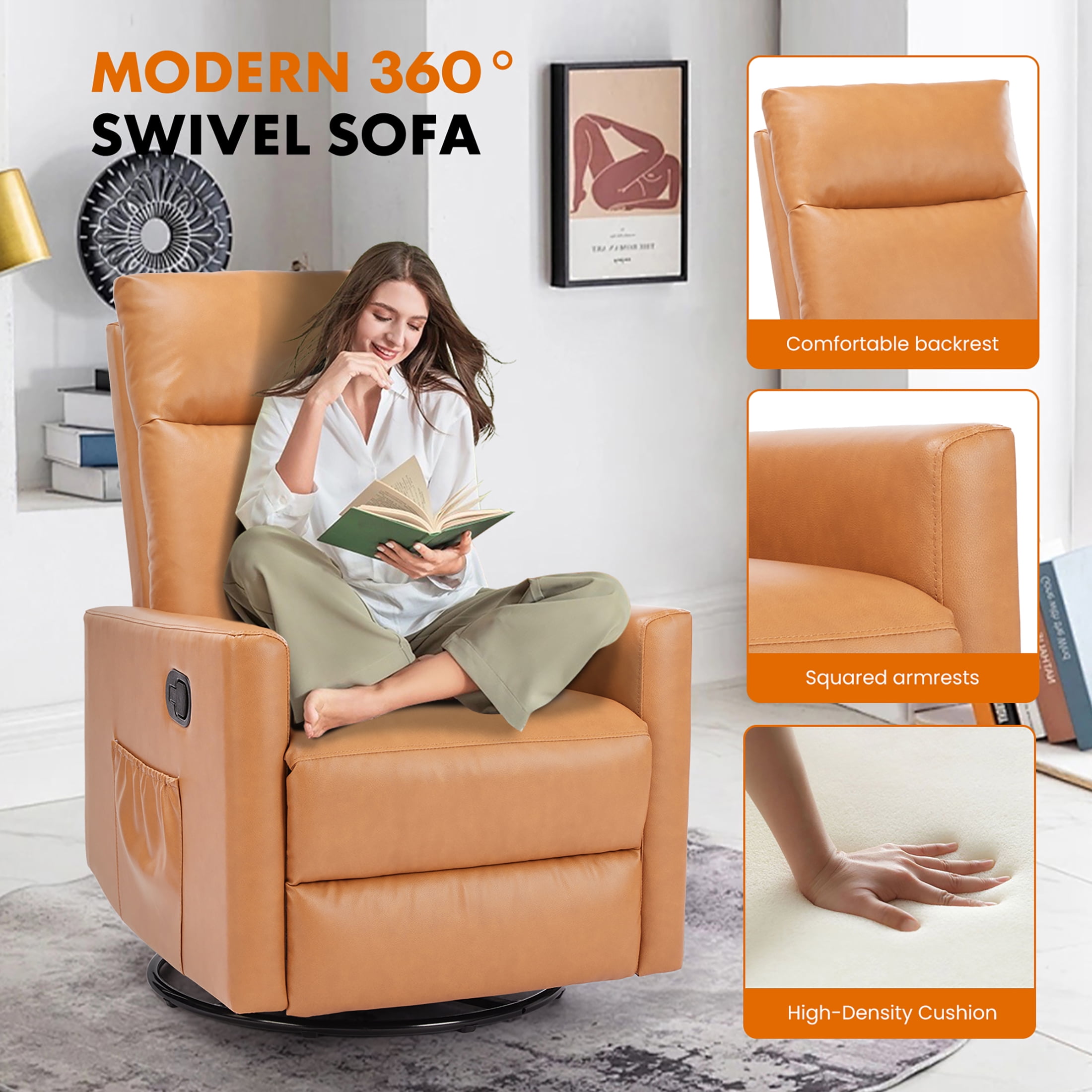 edx Swivel Rocking Chair, Sofa Recliner, Adjustable Baby Sliding Chair with Head Support for Living Room, Bedroom, Brown