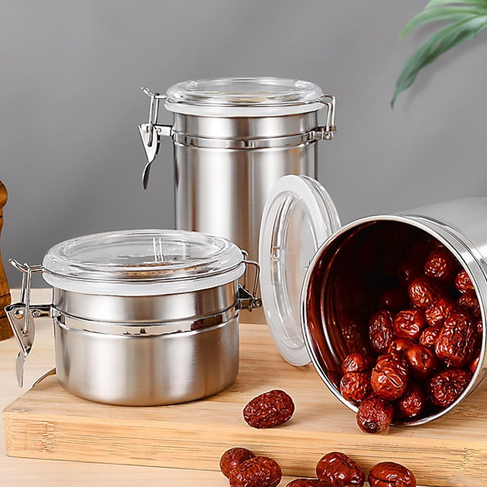 Jioakfa Set Of 4 Stainless Steel Canisters, Airtight Food Storage Canister Set With Clear Lid Kitchen Containers Sets For Coffee Bean, Cereal, Sugar, Flour, Tea, Candy, Cookie, Spice A
