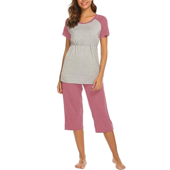 Hinvhai Women's Maternity Nursing Pajamas Clearance Sleepsuit Short Raglan Sleeve Pregnancy Breastfeeding Sleepwear Pjs Set Pink S(S)