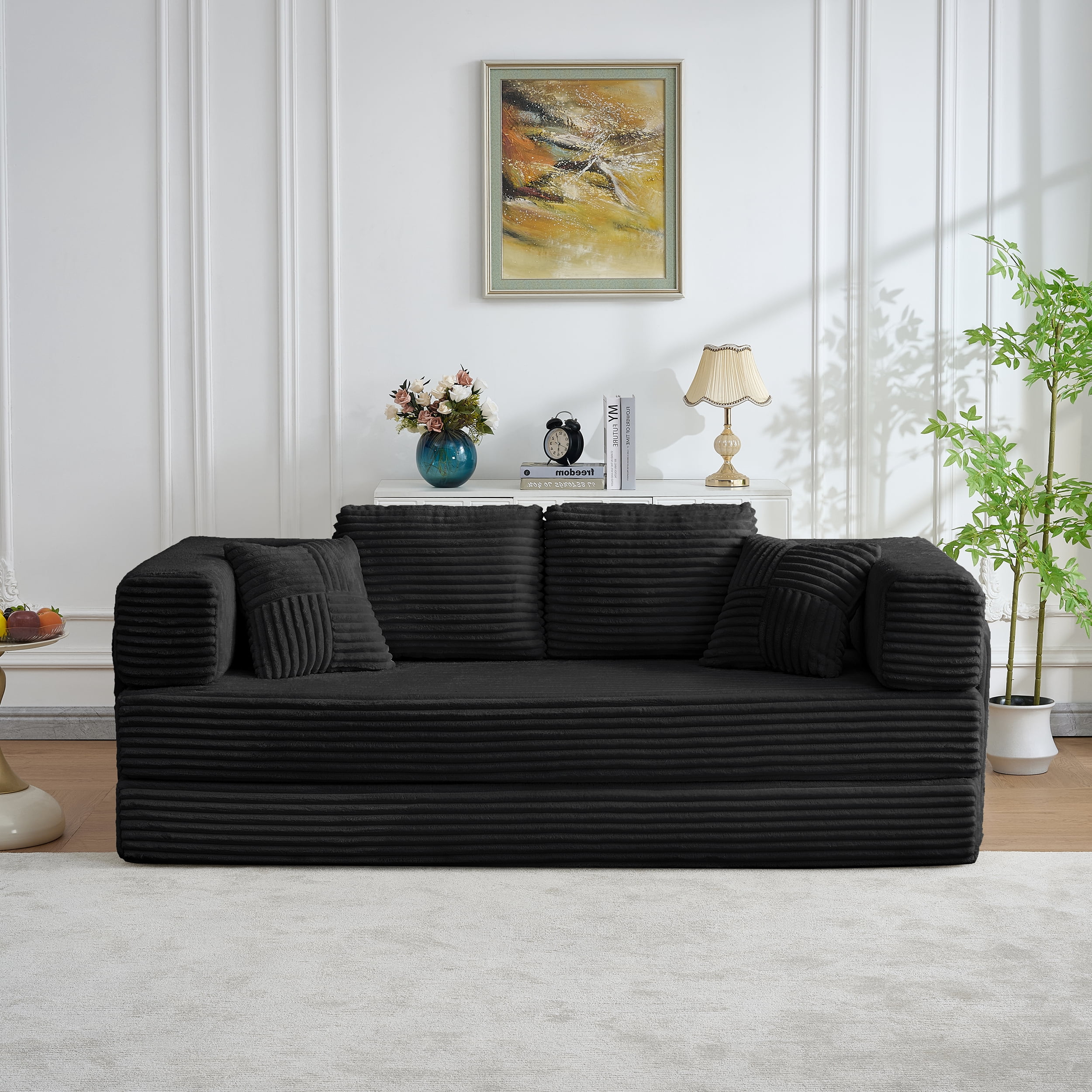 Convertible Foldable Sleeper Sofa Bed with Storage Pockets, No Assembly Folding Floor Couch with 4 Pillows, Daybed Futon, Black Upgraded