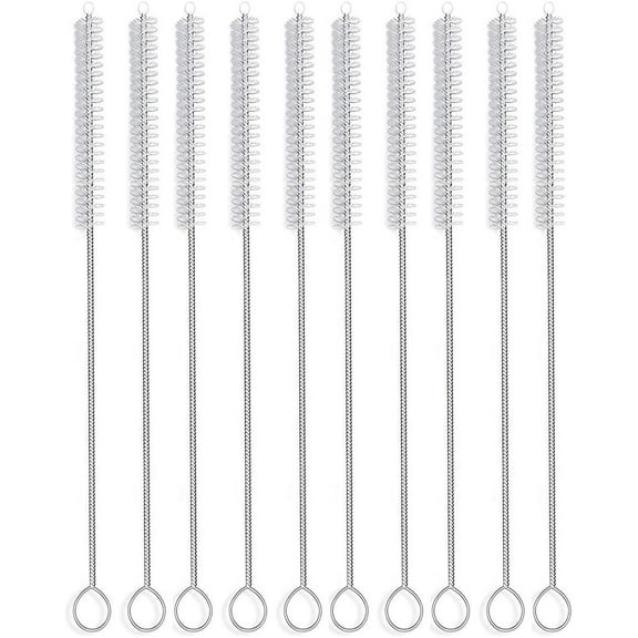 Long Nylon Straw Brush, Set of 10 Pipe Tube Cleaners, 10-inch x 2/5-inch, Food Grade Stainless Steel Wire