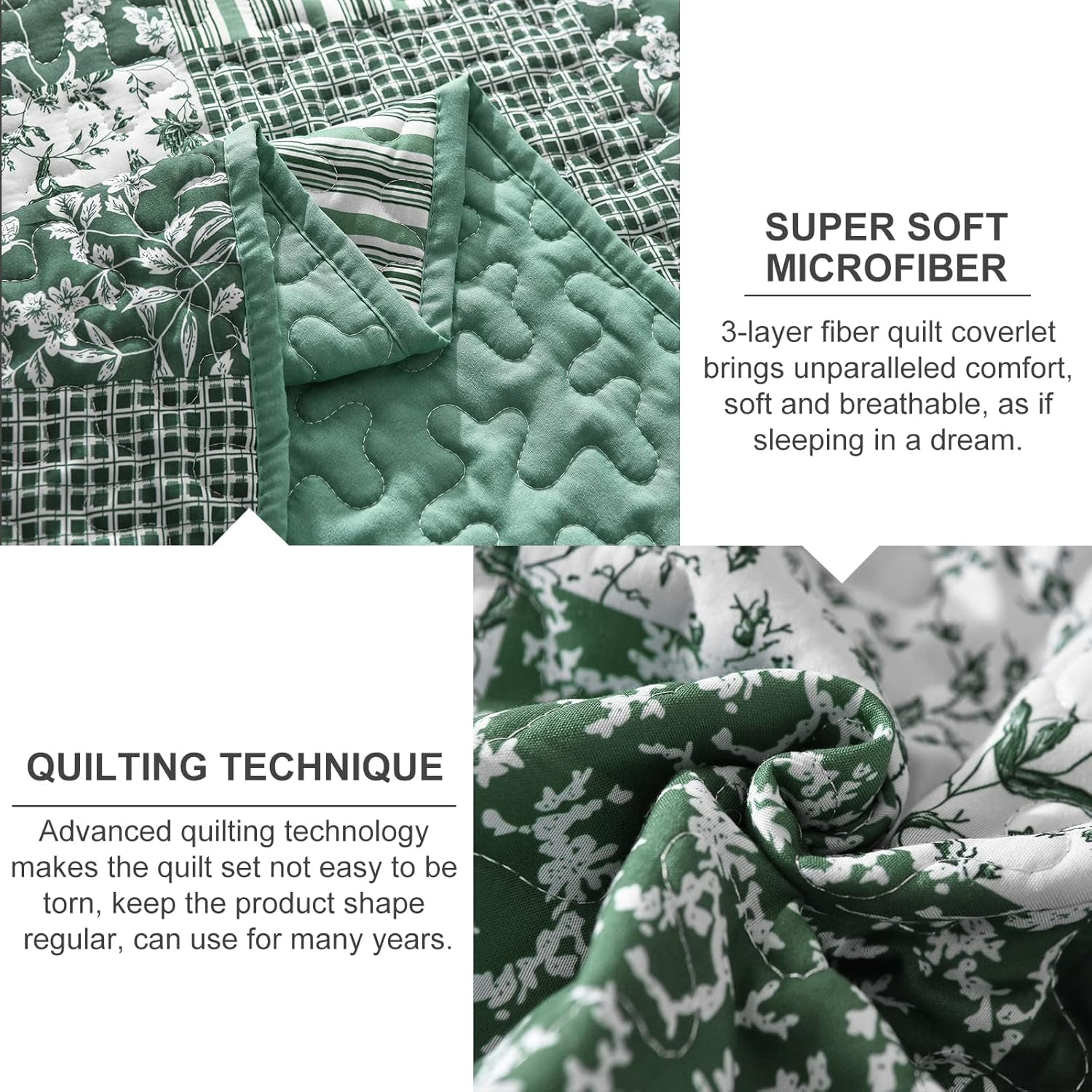 Sage Green Boho Queen Size Bedspread Coverlet Set Patchwork Quilt Set Soft Plaid Floral Bedding Set