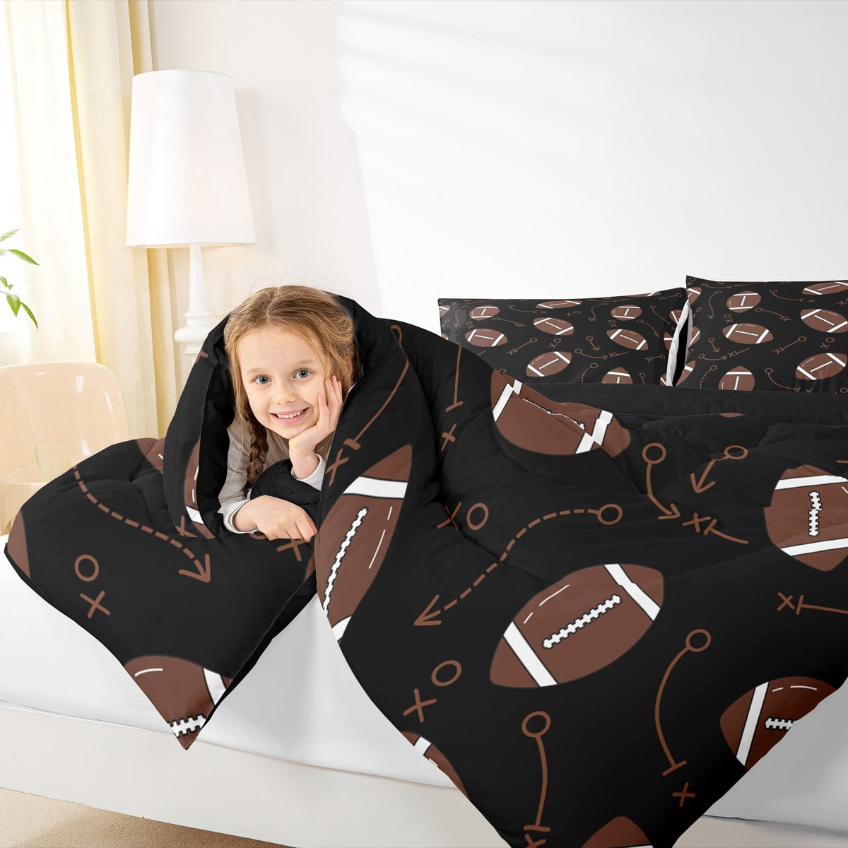 jejeloiu Brown Rugby Queen Comforter Set,Sports Theme Bedding Sets,American Ball Bedding Comforter Set For Boys Kids,Room Decor Super Cozyation Reversible,3 Pieces