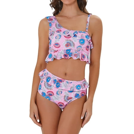 LIORA Womens Bikini Sets Ruffle Flounce Bikinis for Women One Shoulder High Waisted Bathing Suits for Women