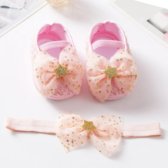 Baby Girls Net Yarn Bowknot Mary Jane Flats Shoes Soft Sole Infant Toddler First Walker Wedding Princess Dress Crib Shoes for Newborns Infants Babies and Toddlers With Headband