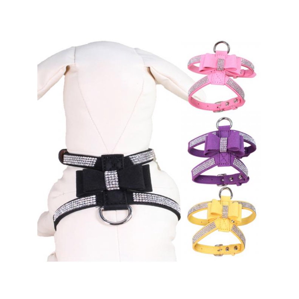 Funcee Dog Harness Strap Lead Bling Rhinestone Dog Necklace Leather Bow