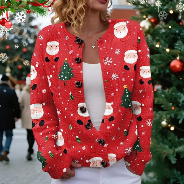 Chandails d'Hiver Grande Taille pour Femmes Automne Femmes Noël 3d Bouton Cerf Cardigan en Peluche Rouge Brique L