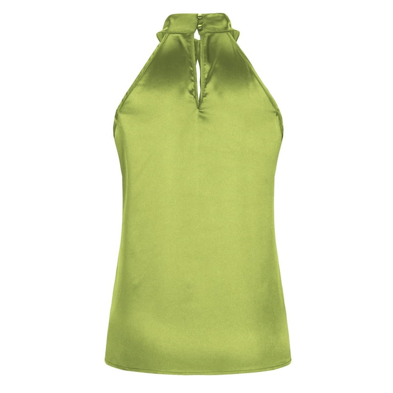 Women's Satin Halter Neck Tank Top - Twist Front Keyhole Back Blouse (White, Medium)