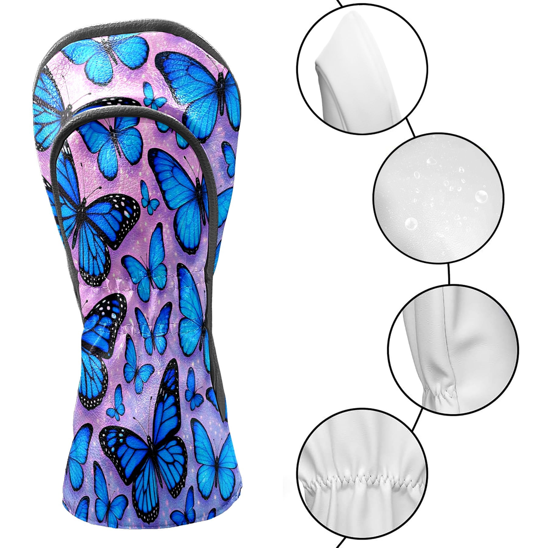 Golf Club Head Covers - Blue Butterflies Design, Premium PU Leather Driver Hybrid Headcovers with Velvet Lining, Waterproof Golf Gifts for Men Women