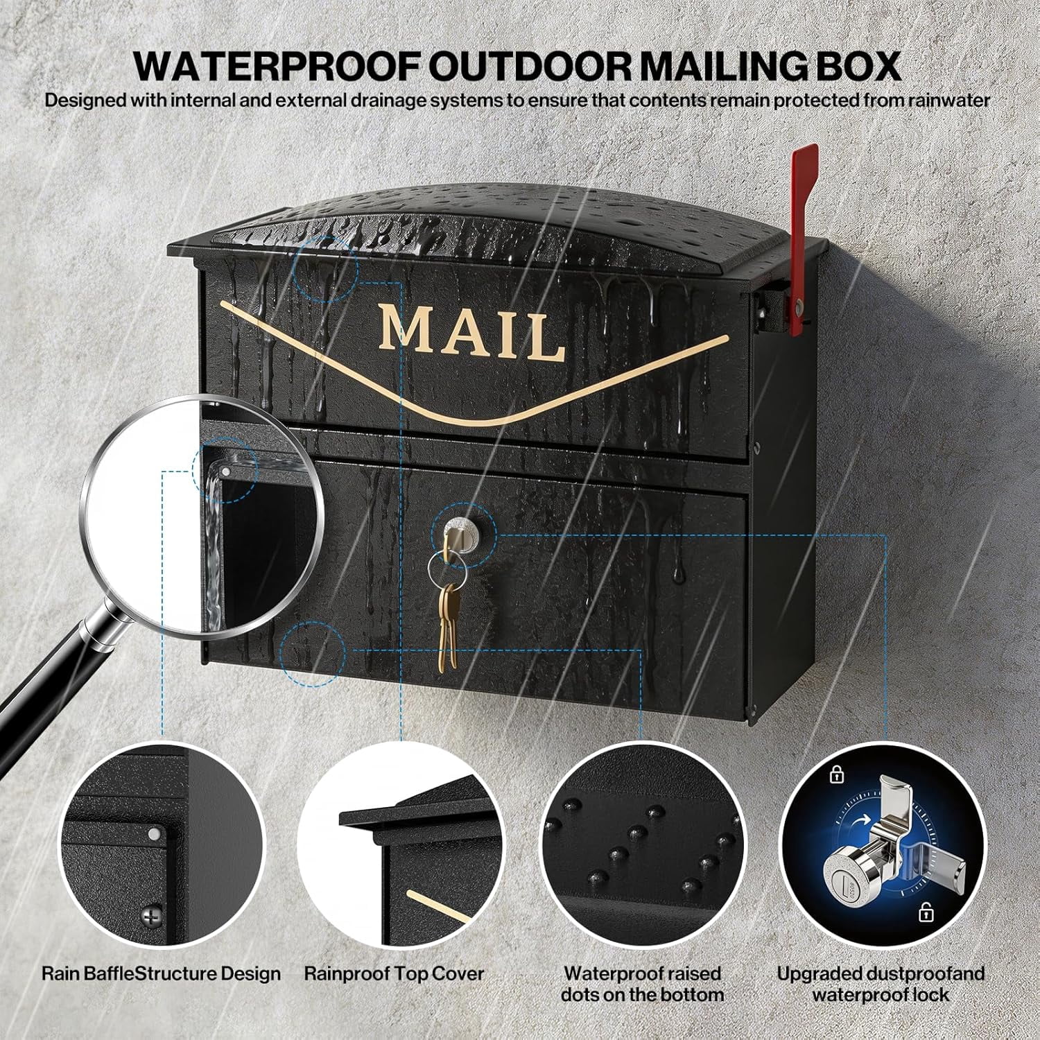 POCHAR Wall Mount Locking Mailbox for Outside, Rust-Proof Aluminum Outdoor Mail Box with Lock & Keys, Drop Box with Combination Lock with Outgoing Flag, Number Stickers (Classic Black)