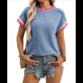 thumbnail image 2 of Blusa Informal de Corta con Cuello Redondo y Bloques de Color Acanalados para Mujer Azul XXL, 2 of 9