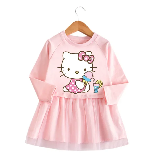 Sanrio Hello Kitty Kuromi Cinnamoroll 2023 coreano primavera otoño niñas vestido de dibujos animados de manga larga vestidos de malla bebé princesa
