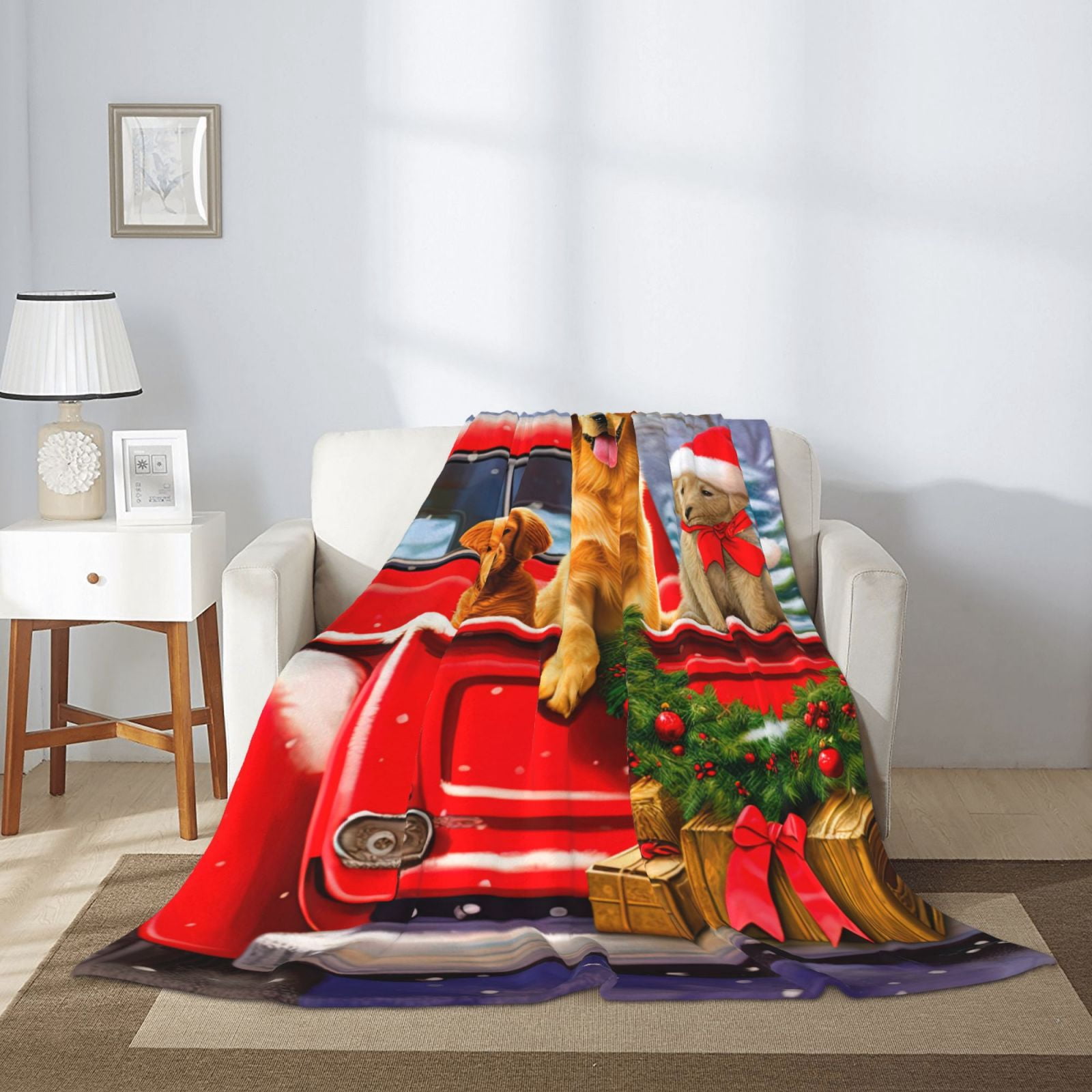 PHELIKA Christmas Red Truck Golden Retriever Dog 08 All Season Soft Throw Blanket Lightweight Flannel Fleece Blankets 60"x50"