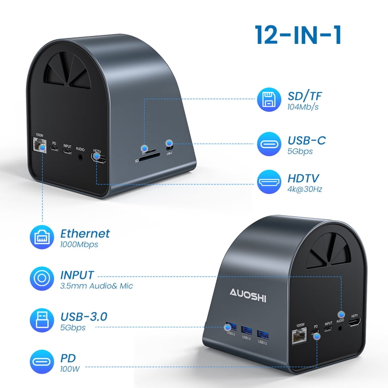 Onten 12-in-1 USB C Docking Station - Dual HDMI, 4x USB-A, Ethernet, SD/TF Card Reader, 100W PD