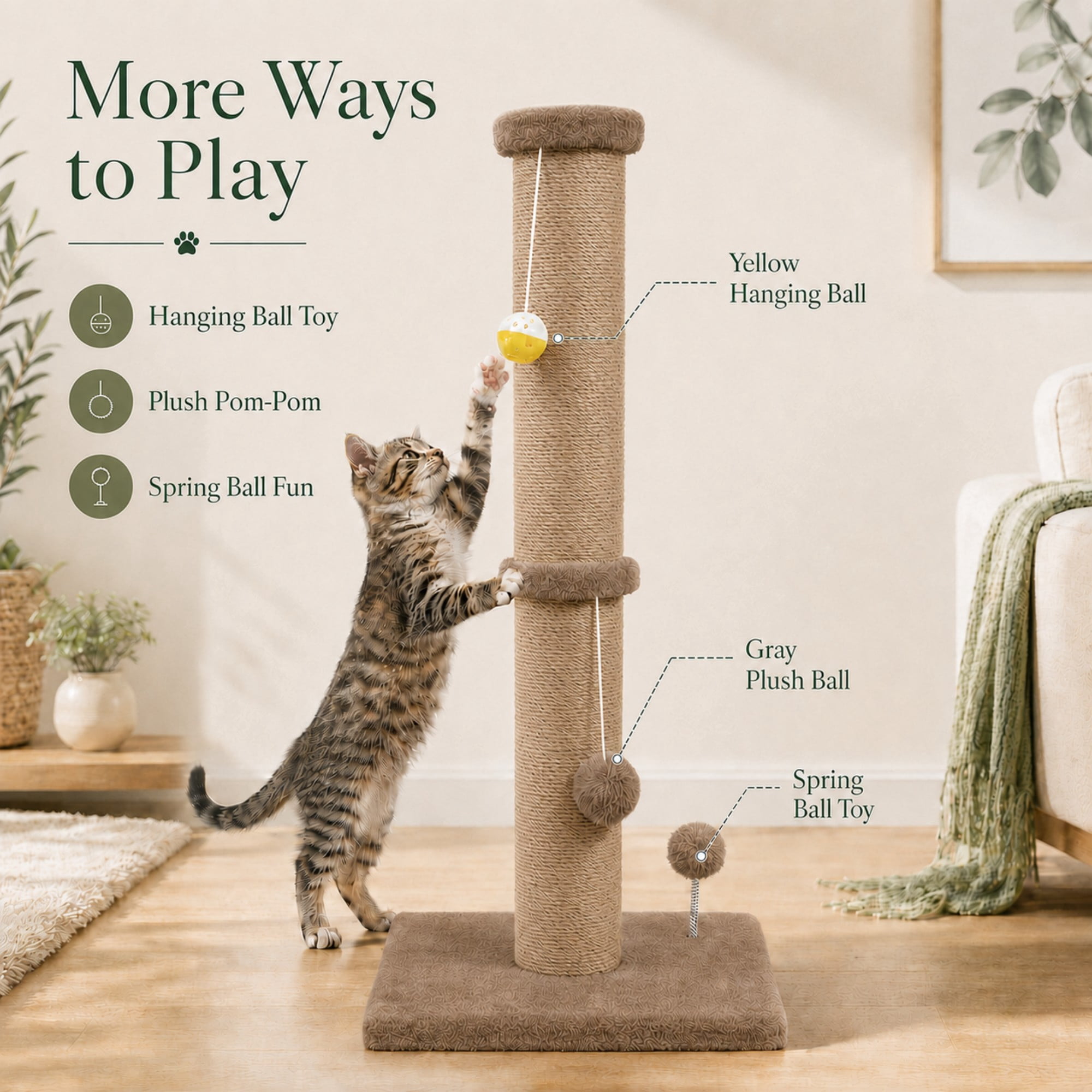 PELUOMOZ 36-Inch Cat Scratching Post for Indoor Cats, Brown Sisal Cat Scratcher with Plush Base and Interactive Toys