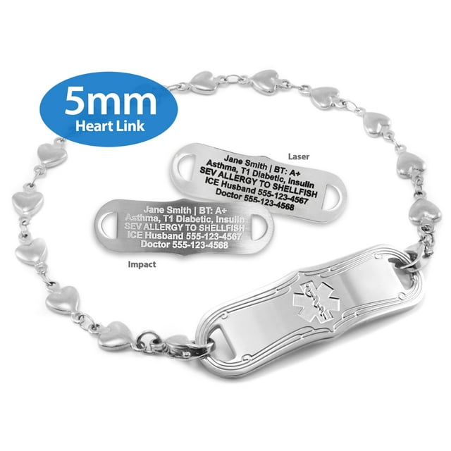 MedicEngraved® 5mm Heart Link Bracelet in 316L Stainless Steel with Interchangeable Medical ID Tag - Engraving Included