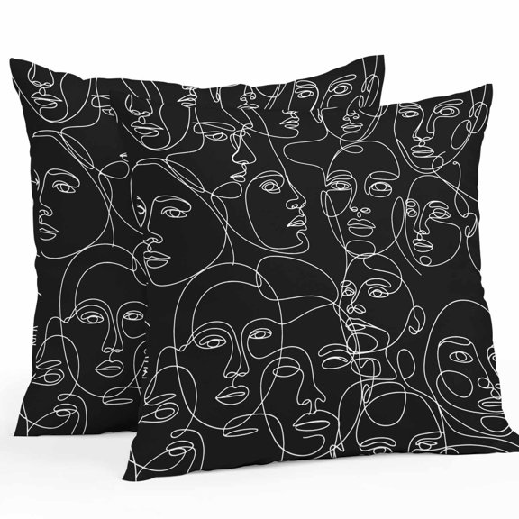Abstract Style Outdoor Pillow Covers, Waterproof Decorative Throw Pillowcases Set of 2, Black Face Line Modern Character Art Couch Cushion Cases with Zipper for Outside Patio Garden Sofa 16"x16"