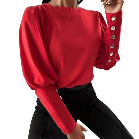 

ketyyh-chn99 Long Sleeve Shirts For Women Womens Apparel Women’s Loose Top Blouse Casual Light Button Cage Sleeve Solid Color Round Skyline Cotton Sleep Shirt