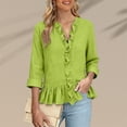 thumbnail image 3 of Yrmaups Women Plus Size 3/4 Sleeve Ruffle Blouse, Summer V Neck Button Down Casual Top, Office Daily Wear Soft Flowy Peplum Shirt, Mint Green 3XL, 3 of 6