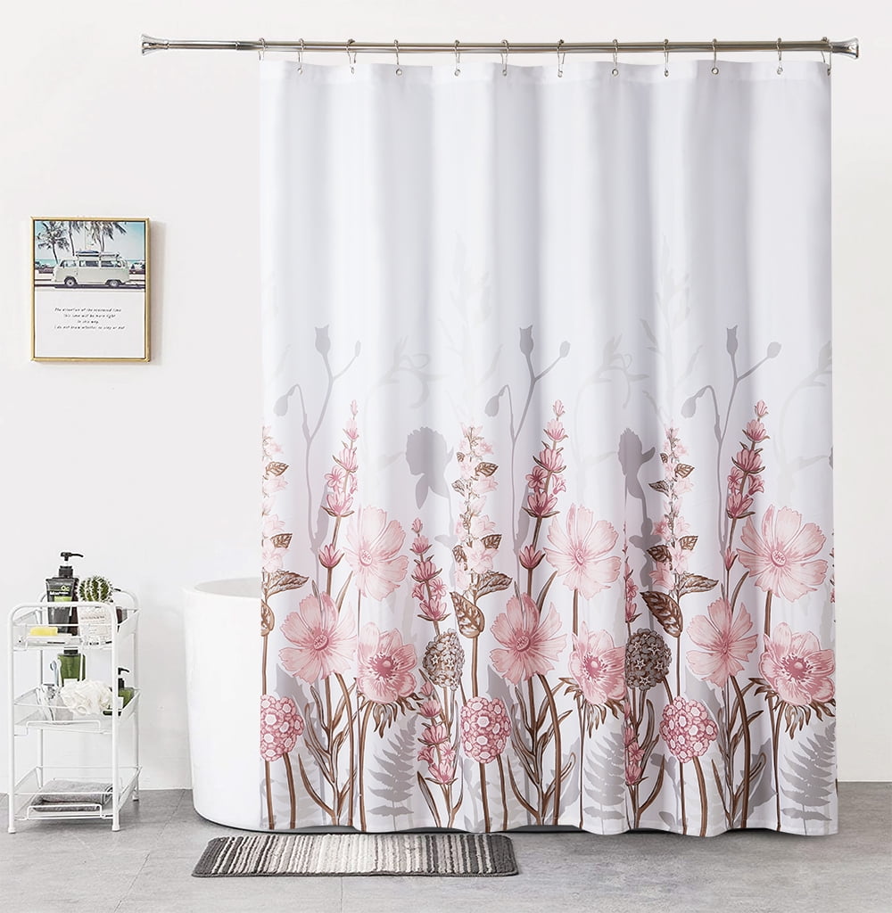 Pink Floral Shower Curtain for Bathroom，Romantic Colorful Flowers Plants Decorative Waterproof