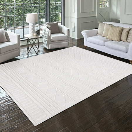 Gertmenian Malini Lana Cream Ivory Bohemian Geometric Tonal Polyester High-Low Indoor Area Rug  5x8