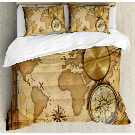 Map Queen Size Duvet Cover Set, Aged Vintage Treasure Map Ruler Rope Old Compass Antique Adventure Discovery, Decorative 3 Piece Bedding Set with 2 Pillow Shams, Brown Pale Brown, by