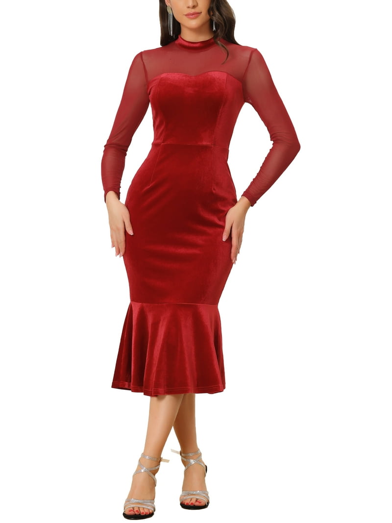 princess polly baby blue dress INSPIRE CHIC Women's Mermaid Velvet Bodycon Dress Sheer Mesh Mock Neck Midi  Cocktail Dresses Dark Red XS