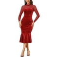 thumbnail image 2 of INSPIRE CHIC Women's Dress Elegant Velvet Sheer Mesh Mock Neck Midi Cocktail Dresses XS Dark Red, 2 of 6