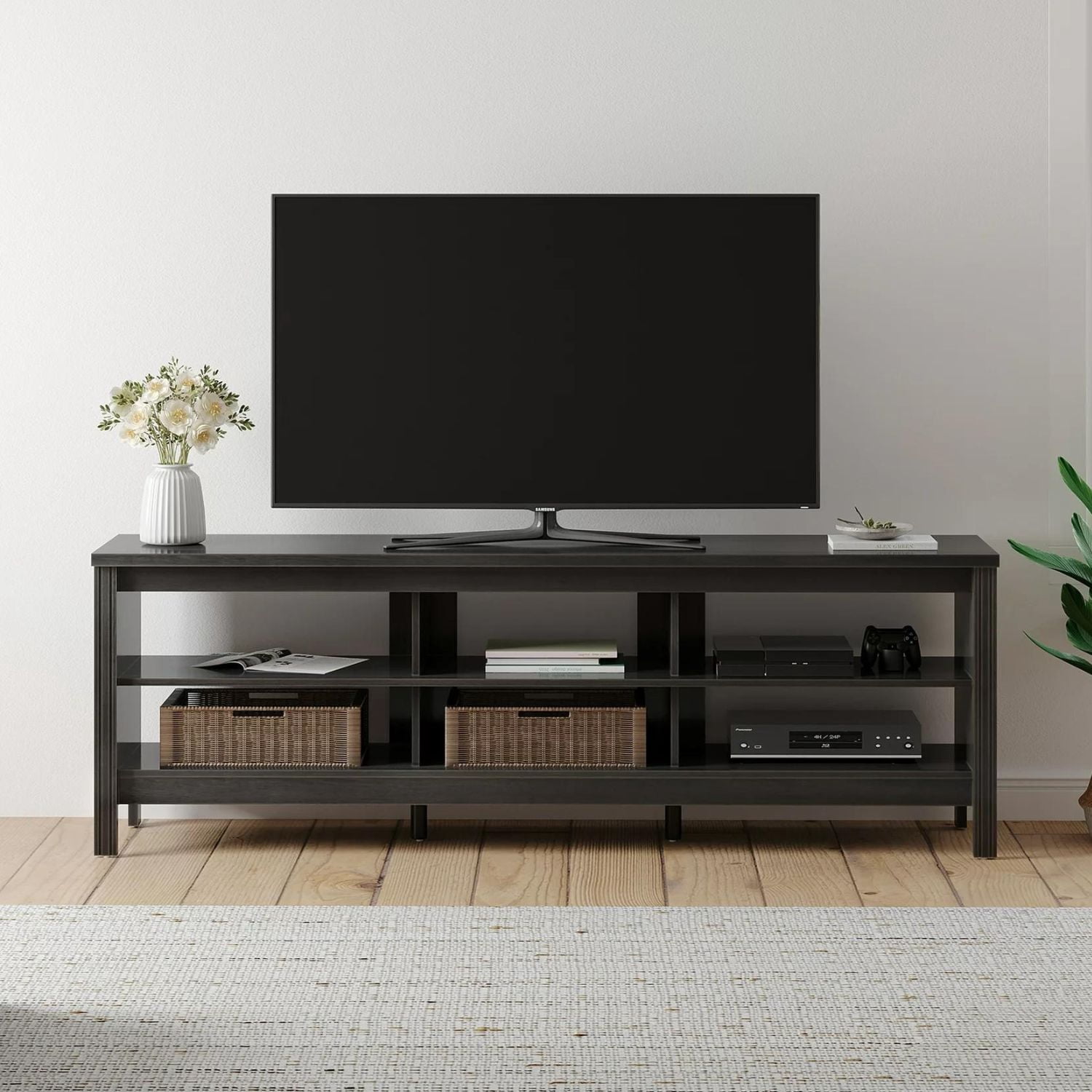 FITUEYES Farmhouse TV Stand with LED Lights for TVs Up to 75 Inch, 70" TV Cabinet with 6 Storage Space for Living Room, Black