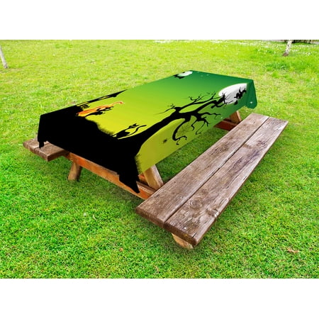 

Halloween Outdoor Tablecloth Witches Dancing with Fire and Flying at Halloween Ancient Western Horror Image Decorative Washable Fabric Picnic Table Cloth 58 X 84 Inches Green Black by Ambesonne