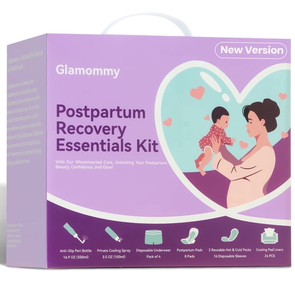 Glamommy Postpartum Recovery Essentials Kit for Women, Labor & Delivery Postpartum Care, Peri Bottle, Cooling Spray, Disposable Postpartum Underwears, Postpartum Pads, Hot&Cold Packs, Soothing Liners