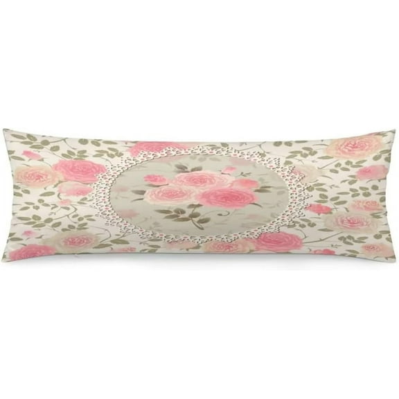 Body Pillow Cover Vintage Floral Shabby Chic Roses Lace Frame Pink Flowers Bouquets with Green Leaves Long Pillow Case Protector with Zipper Decorative Large Pillowcases for Couch,Bedroom 20"x54"