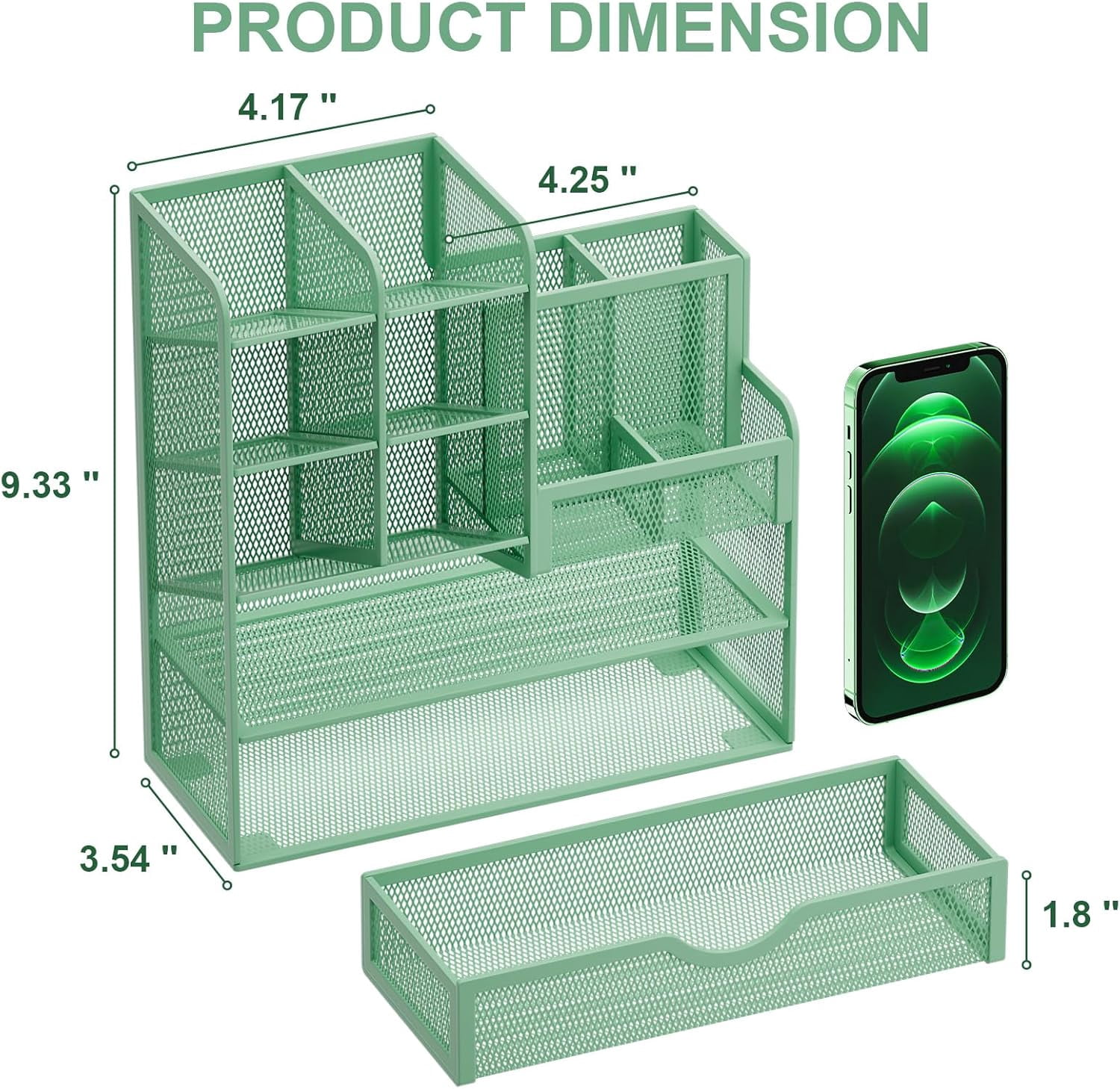 Mesh Pen Holder for Desk, Multi-Functional Pencil Organizer with Drawer, Desk Organizers and Accessories for Office Art Supplies (Green)