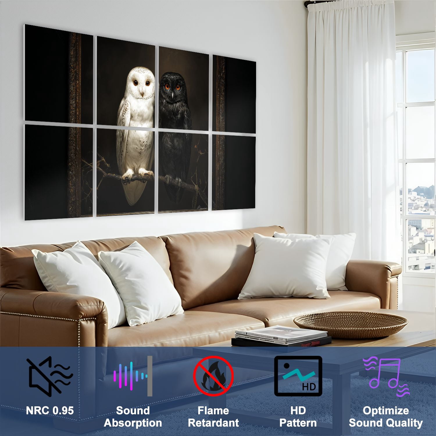 Gothic 8 Pack Art Acoustic Panels Sound Absorbing White Black Owl Pair Dark Vintage Gothic Decorative Soundproof Wall Panels Self Adhesive for Nursery Game Room Bedroom 48"x32"