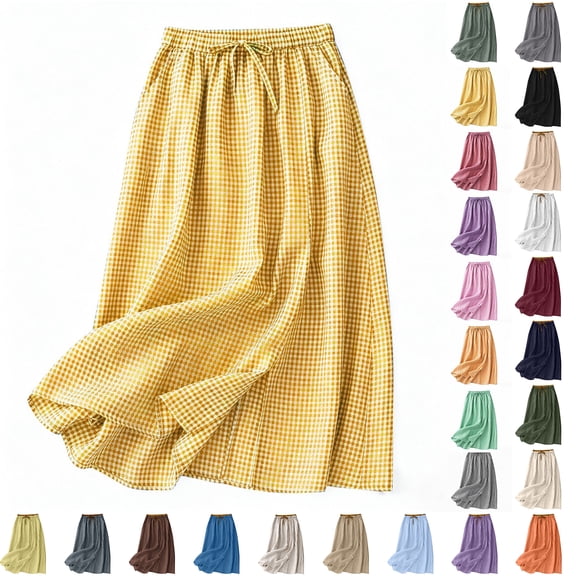 Zpzdpjkx Women's Pleated Plaid Cotton Linen Midi Skirt Summer Vintage Loose Elastic Waist Flowing Long Skirt