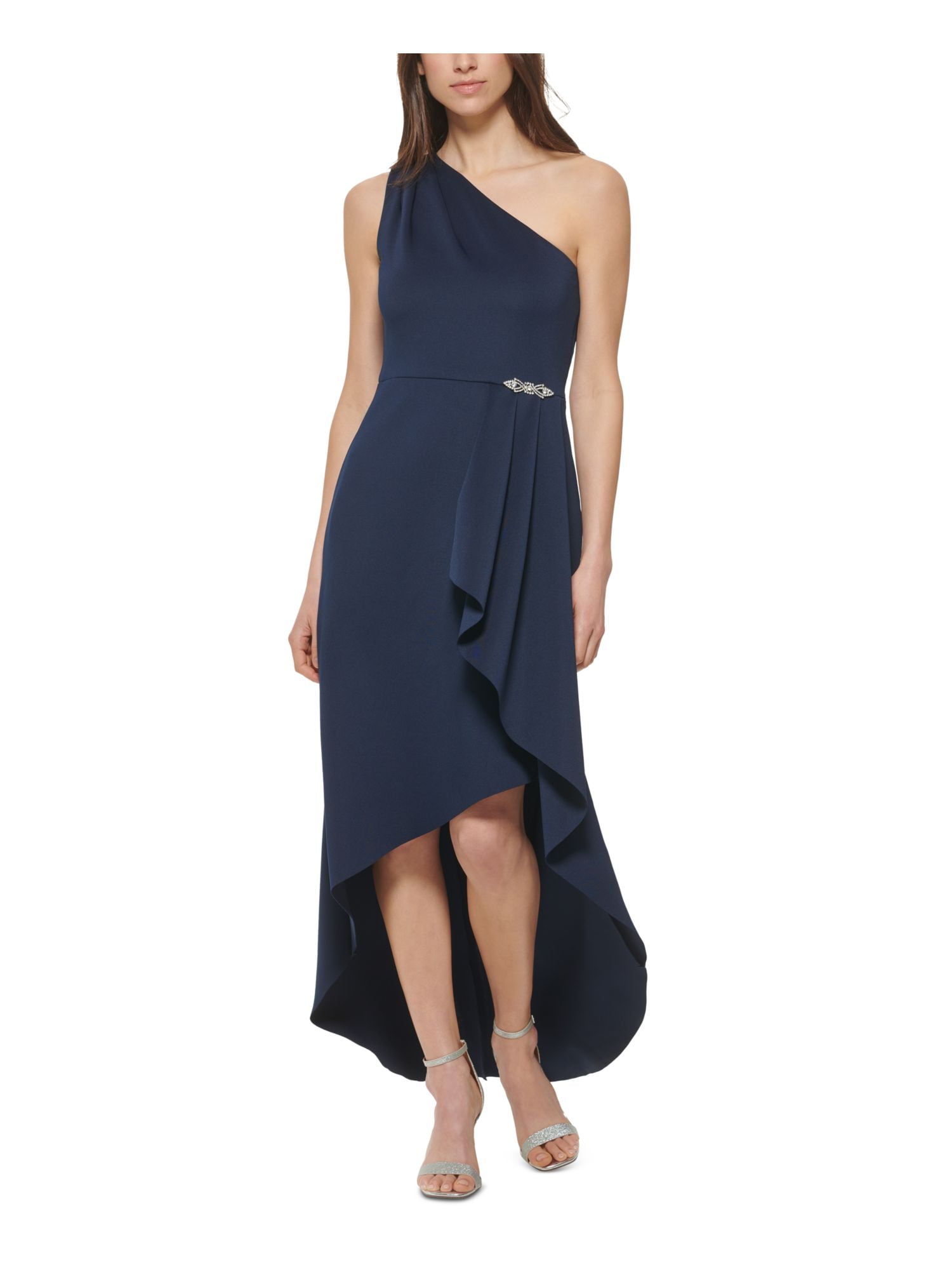 JESSICA HOWARD Womens Navy Ruffled Sleeveless Asymmetrical Neckline FullLength Evening HiLo