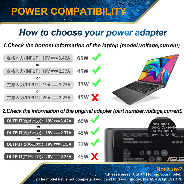 65W 45W 33W Chargeur Ordinateur Portable pour ASUS Laptop VivoBook ZenBook  Chromebook Transformer Book UX330 UX330U Q504U Q302 S200E X201E X202E