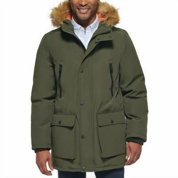 Club Room Mens Parka Coat Faux Fur Hood Small Olive Green Solid