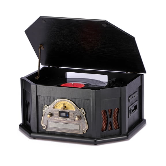 Open Box ORCC 10-in-1 Vinyl Record Player, Wood Audio Classic Turntable with Bluetooth Built-in Speakers