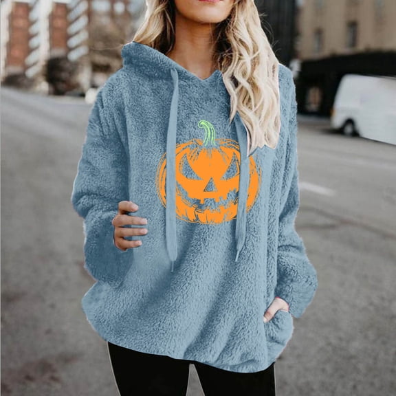 Tawop Women Fleece Pullover Fall and Winter Pumpkin Printed Long Sleeve Warm Wool Pockets Drawstring Hoodie Sweatshirt Light Blue