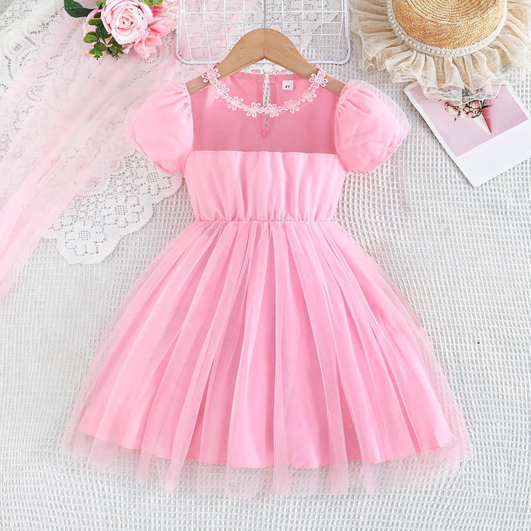 Levmjia Girls Summer Short Sleeve Mesh Tutu Dress Kids 80-110, 100% Polyester Solid Color Princess Party Dress Girls Lightweight Casual Playwear,