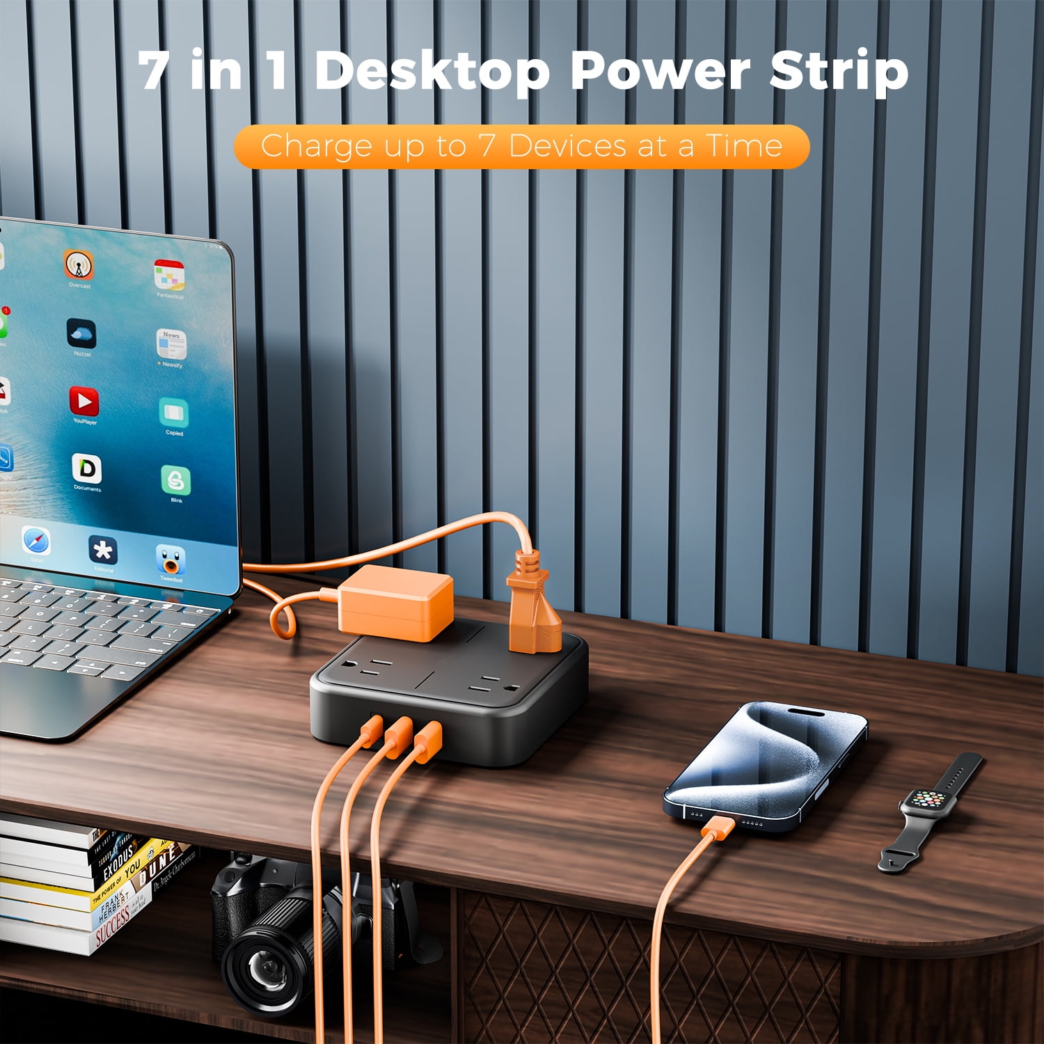 10Ft Extension Cord Power Strip with 4 Outlets & 3 USB (1 USB C), Ultra Thin Flat Surge Protector, Black