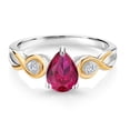 thumbnail image 2 of Gem Stone King 925 Sterling Silver and 10K Yellow Gold Pear Shape Red Created Ruby and White Lab Grown Diamond Women Ring (1.30 Cttw, Available in Size 5, 6, 7, 8, 9), 2 of 4