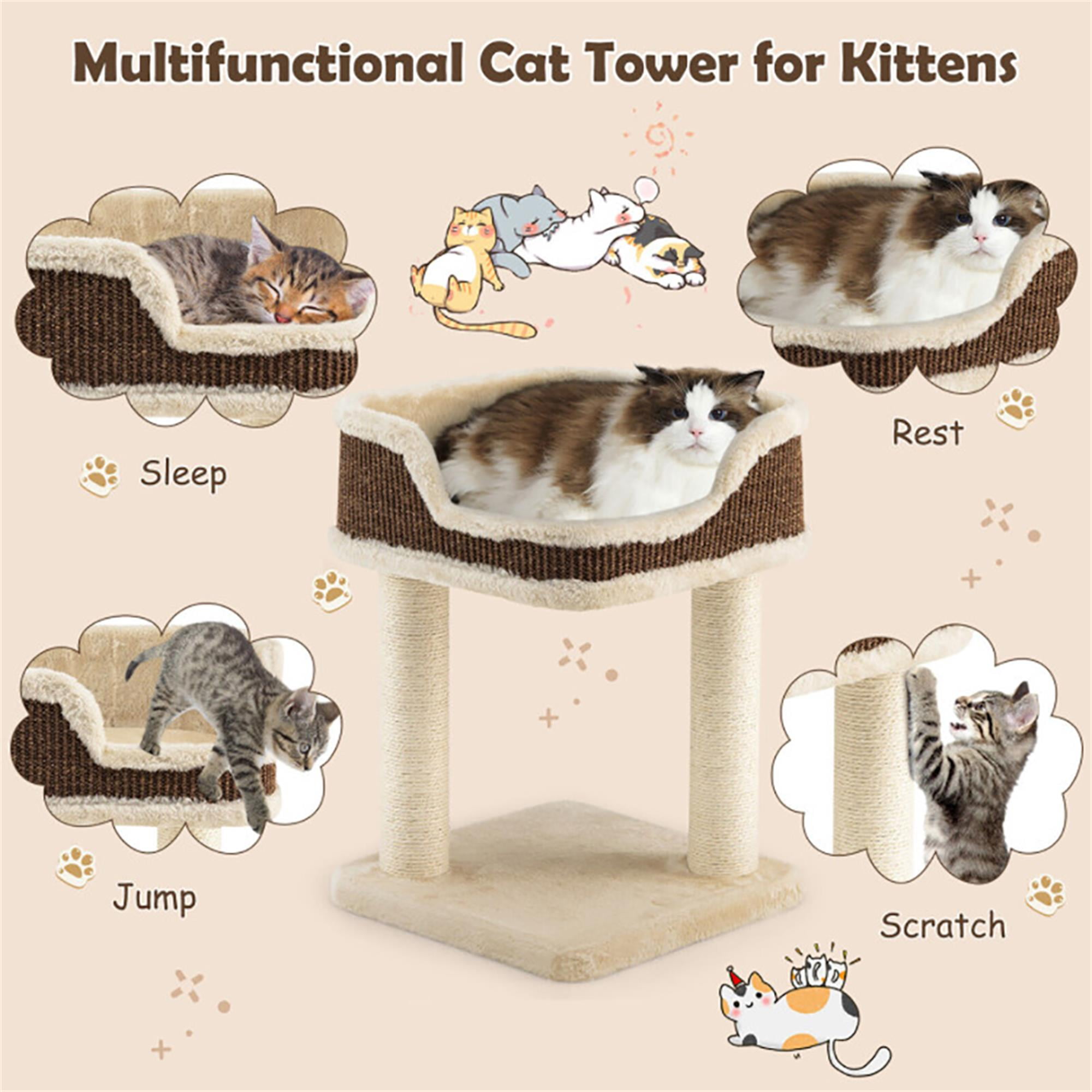 Kadyn 16" Cat Tree Tower for Indoor Cats with Large Plush Perch, Natural Sisal Scratching Post for Small Cats, Beige