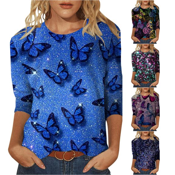 Trendfront Womens Butterfly Print T Shirts Crewneck 3/4 Sleeve Blue Graphic Curved Hem Casual Tee Tops for Women