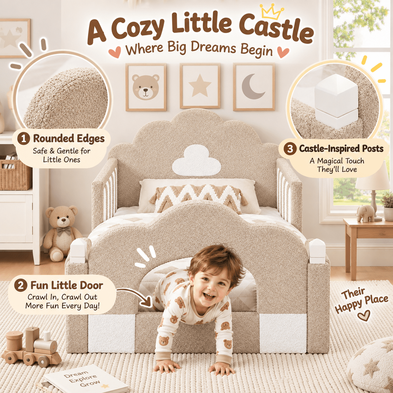 Wakefit Twin Size Kids Cloud Bed with Safety Guardrails,Boucle Upholstered Platform Bed Frame with Wood Slats,Cute Daybed for Girls Boys Bedroom,Camel