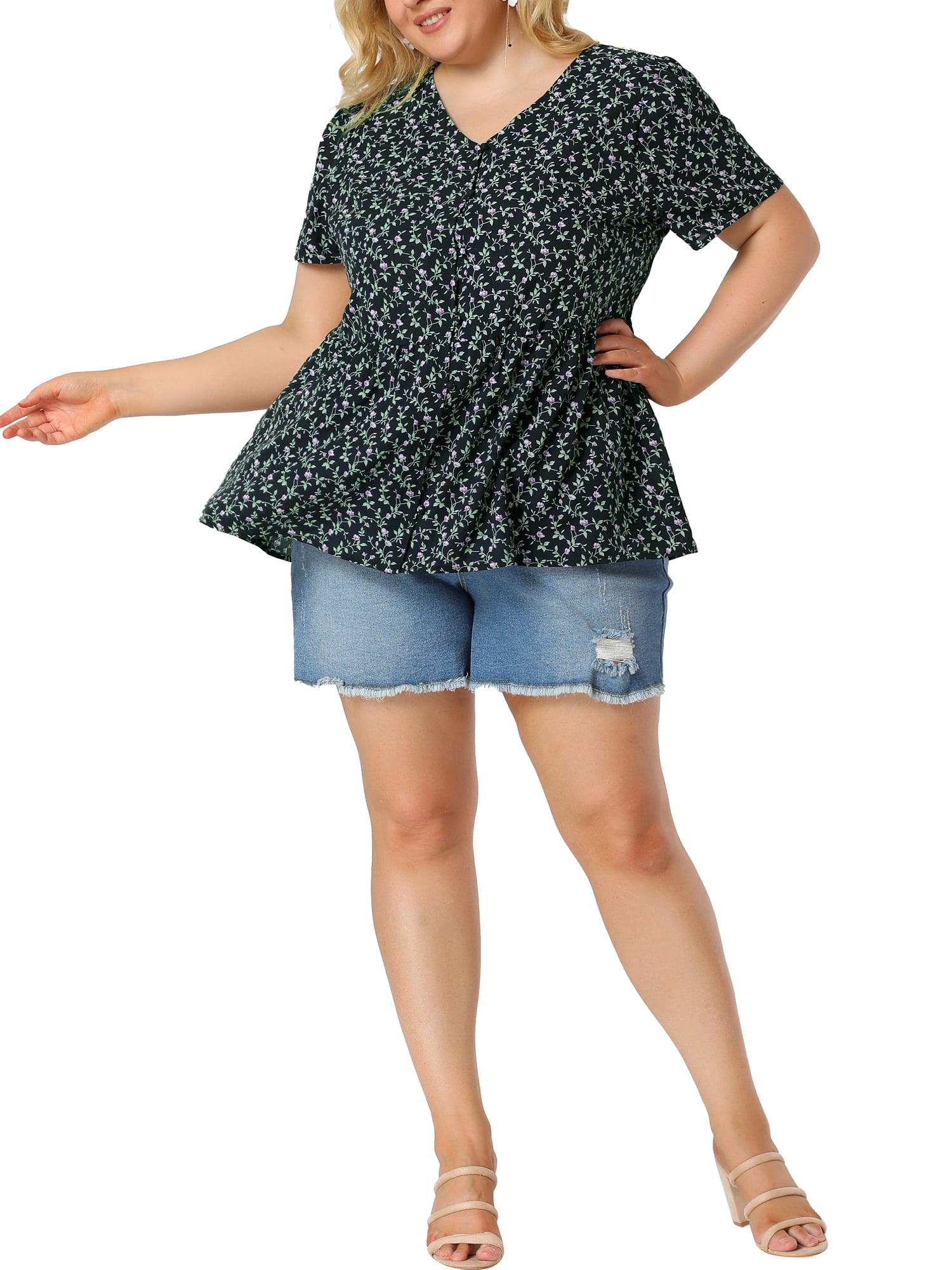 DARING DIVA Women's Plus Floral V Neck Short Sleeve Peplum Top 4X Navy