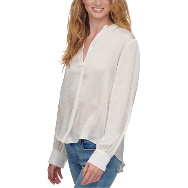 DKNY Blusa de suéter sólido para mujer, blanco, XS DKNY Pull-over