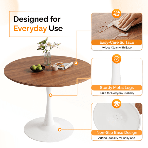 Round Tulip Dining Table for 4 People, Melamine Laminated MDF Tabletop with Metal Pedestal Base, Easy Assembly Modern Kitchen Dinner Table, 39.4"X39.4"X29.5"