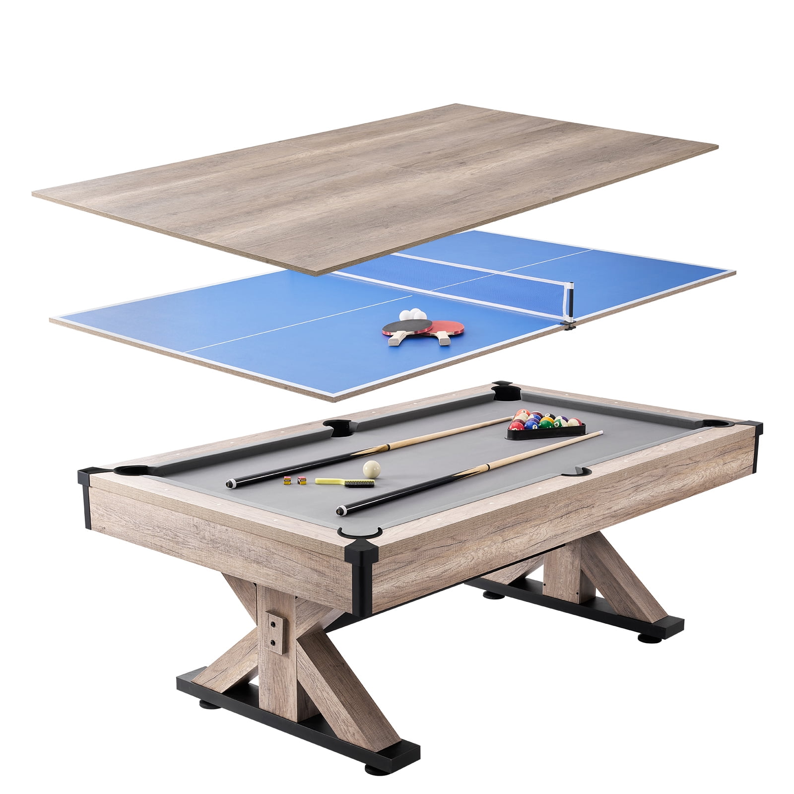KFFKFF 3-in-1 Game Table, 7ft, Multi-Functional with Pool, Table Tennis, and Dining Options, Complete Accessory Kit Included, Wooden Design with Grey Cover, Ideal for Family Entertainment Space
